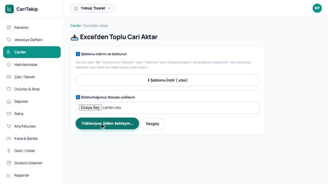 Excel'den toplu aktarma